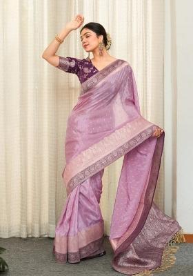 Lavender Purple Jacquard Work Silk Saree Set