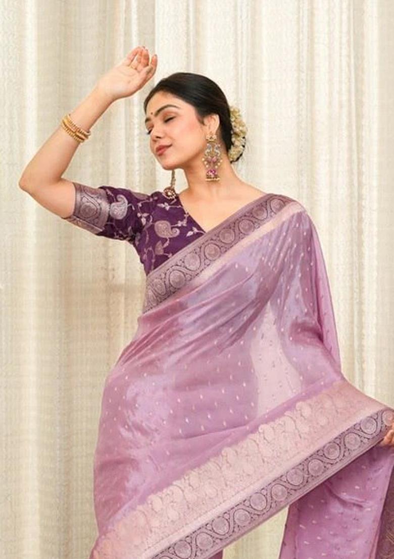 Lavender Purple Jacquard Work Silk Saree Set - Indya