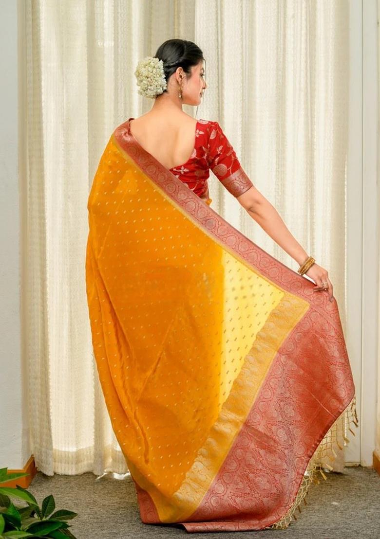 Mustard Red Jacquard Work Silk Saree Set - Indya