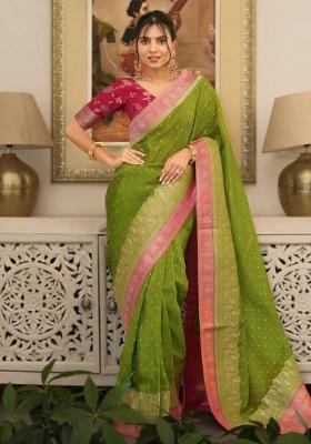 Green Pink Jacquard Work Silk Saree Set