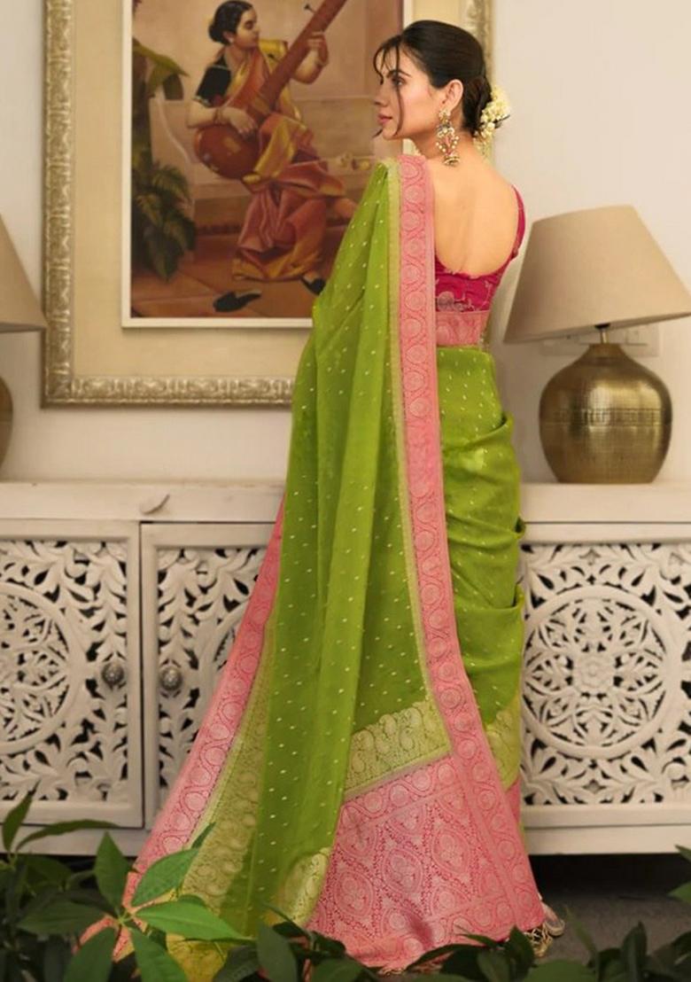 Green Pink Jacquard Work Silk Saree Set - Indya