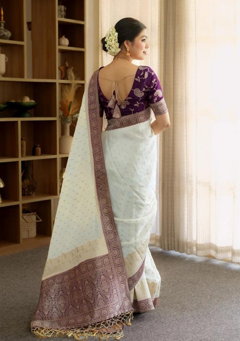 White And Purple Jacquard Work Silk Saree Set - Indya