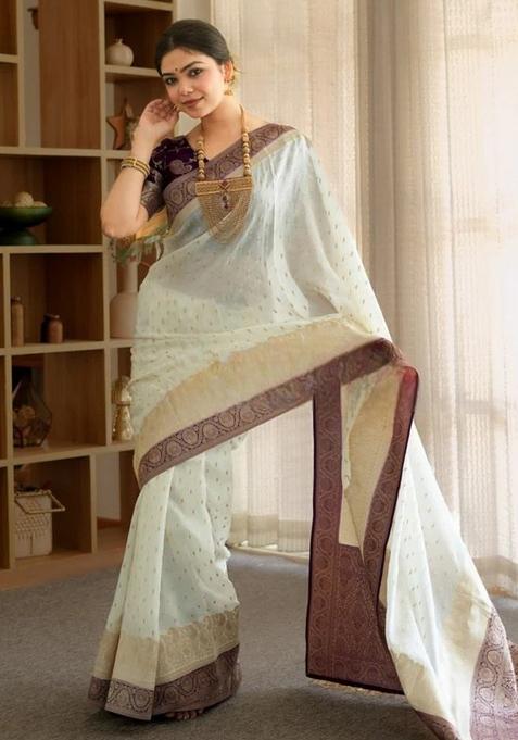 White And Purple Jacquard Work Silk Saree Set