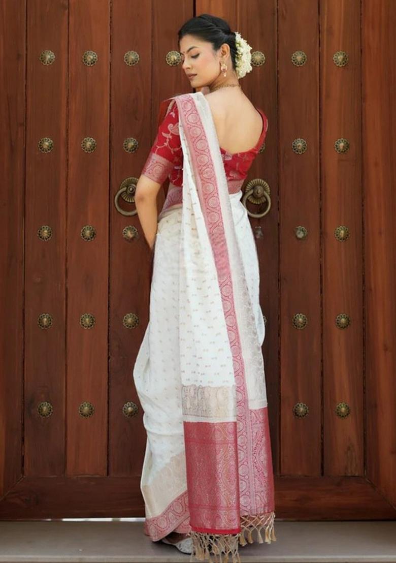 White And Red Jacquard Work Silk Saree Set - Indya