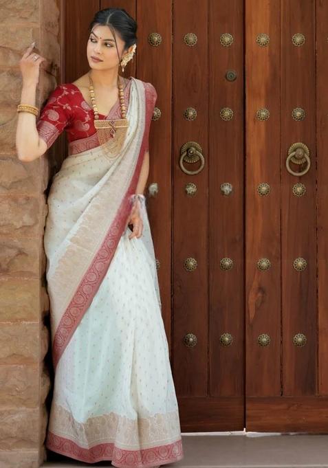 White And Red Jacquard Work Silk Saree Set