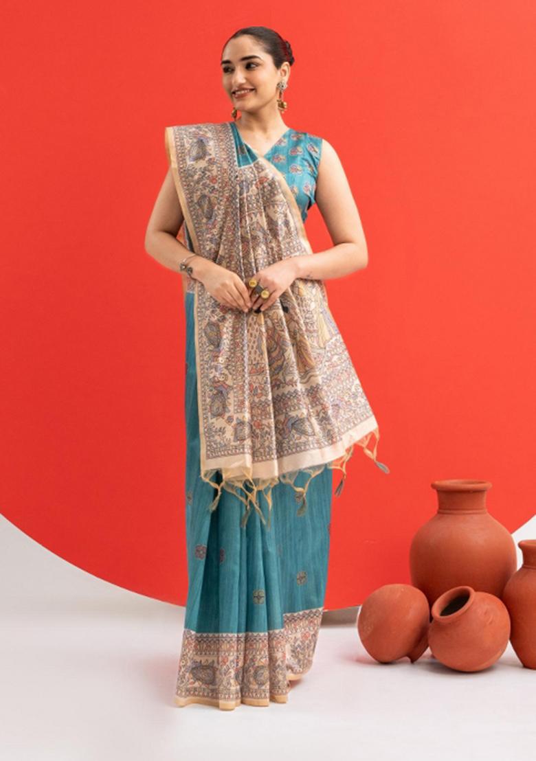 Blue Printed Silk Saree Set - Indya