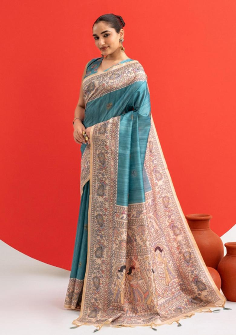 Blue Printed Silk Saree Set - Indya