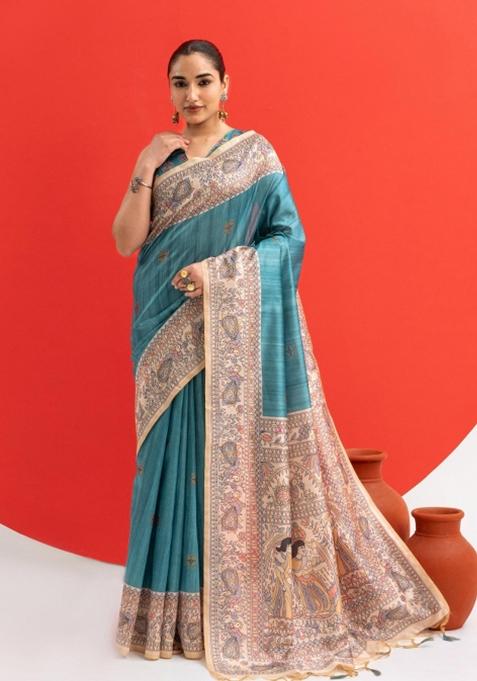 Blue Printed Silk Saree Set