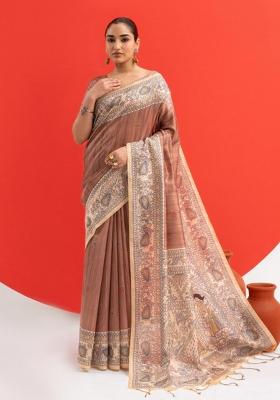 Light Brown Printed Silk Saree Set