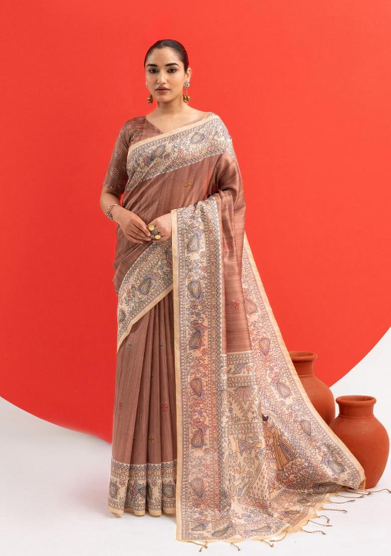 Light Brown Printed Silk Saree Set - Indya