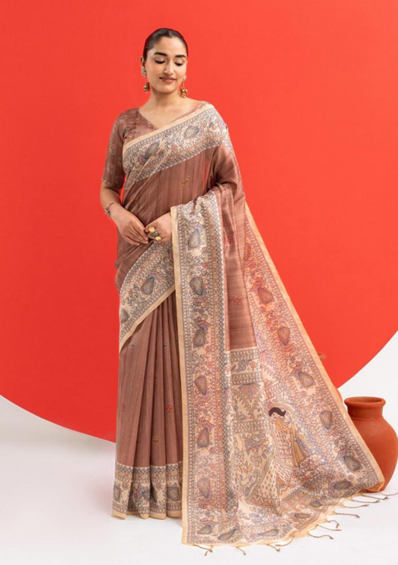 Light Brown Printed Silk Saree Set - Indya