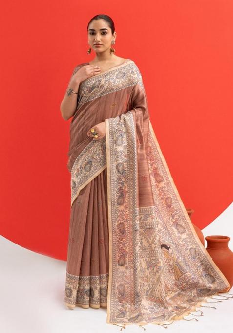 Light Brown Printed Silk Saree Set
