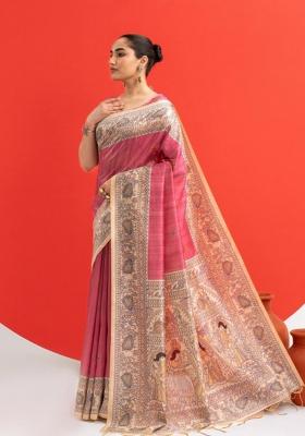Pink Printed Silk Saree Set