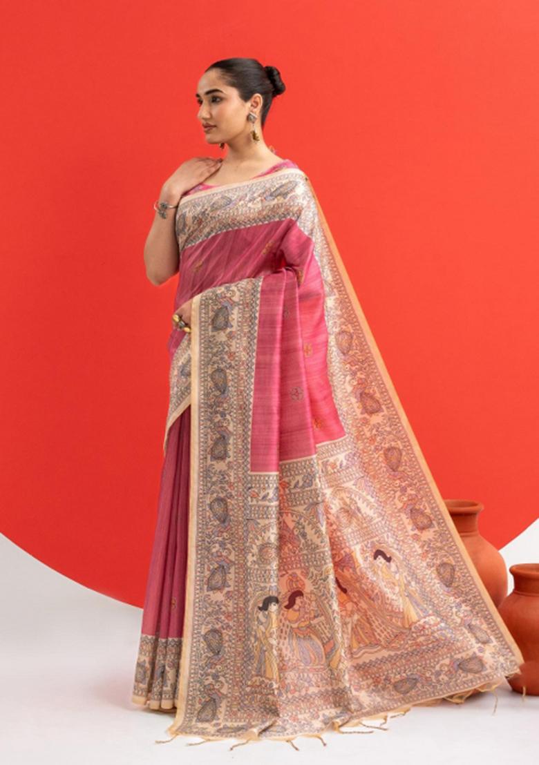 Pink Printed Silk Saree Set - Indya