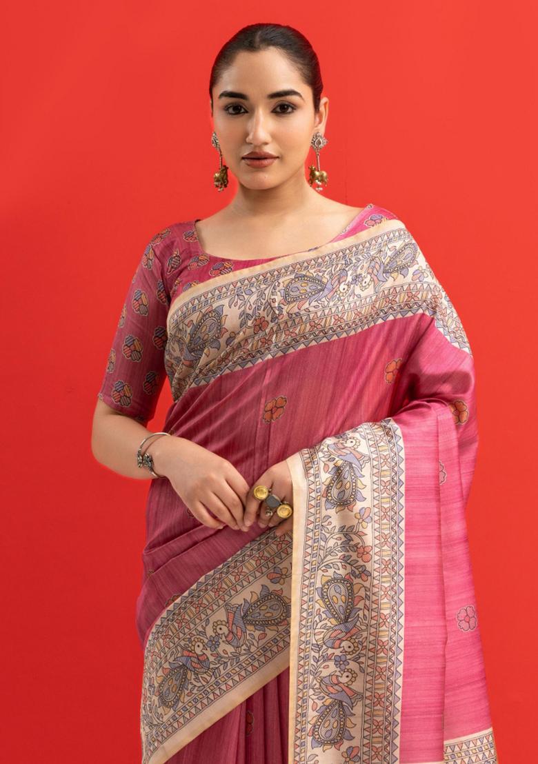 Pink Printed Silk Saree Set - Indya