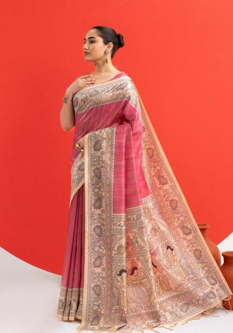 Pink Printed Silk Saree Set