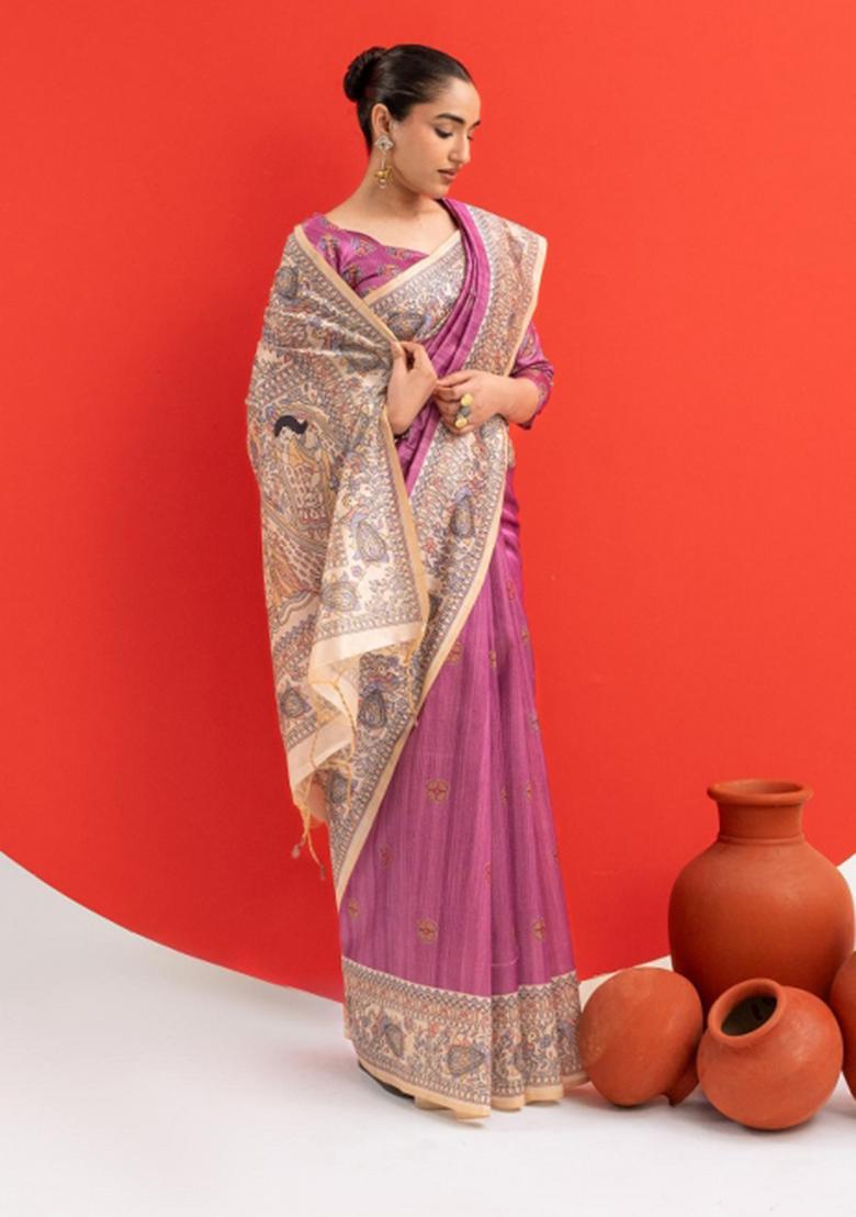 Purple Printed Silk Saree Set - Indya
