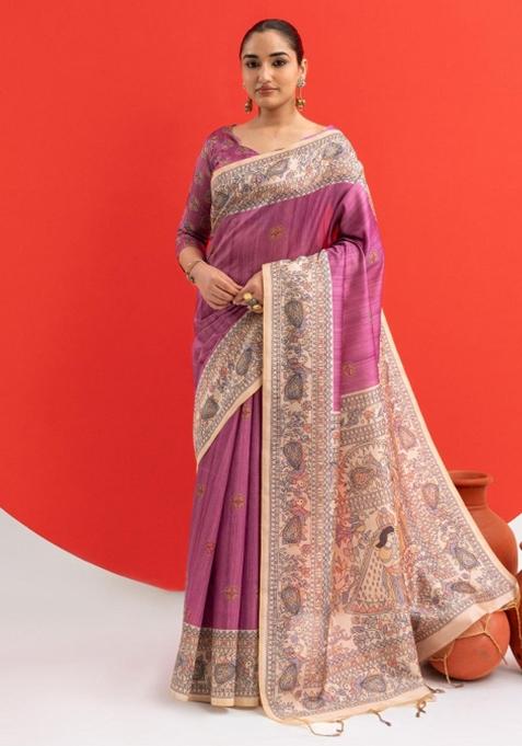 Purple Printed Silk Saree Set