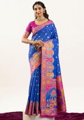 Blue And Pink Weaving Work Silk Saree Set