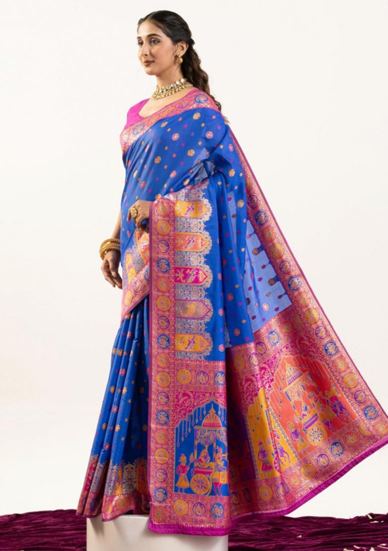 Blue And Pink Weaving Work Silk Saree Set - Indya
