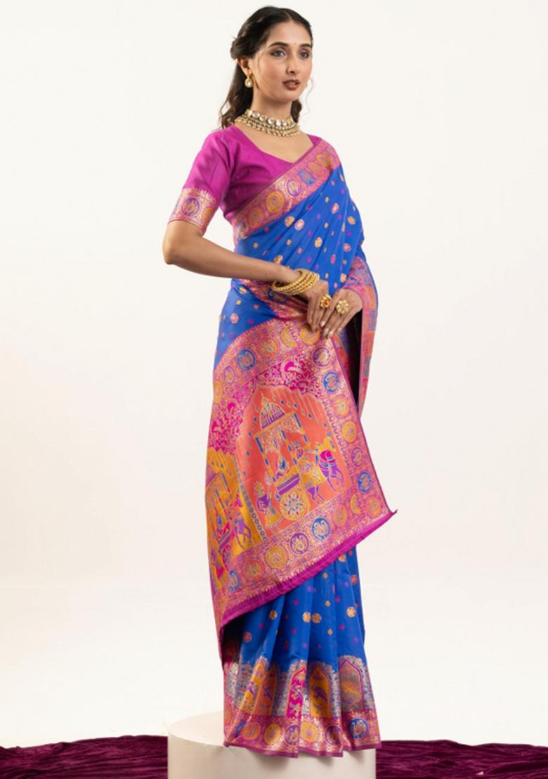 Blue And Pink Weaving Work Silk Saree Set - Indya