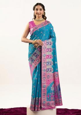 Firozi Pink Weaving Work Silk Saree Set
