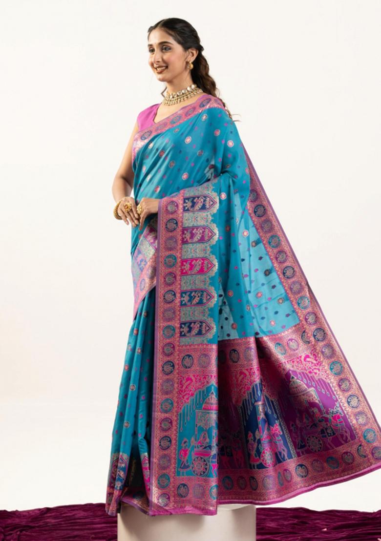 Firozi Pink Weaving Work Silk Saree Set - Indya