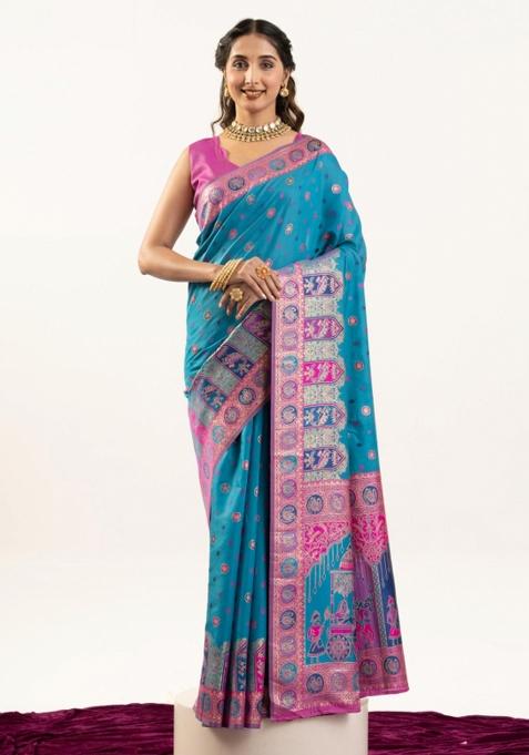 Firozi Pink Weaving Work Silk Saree Set