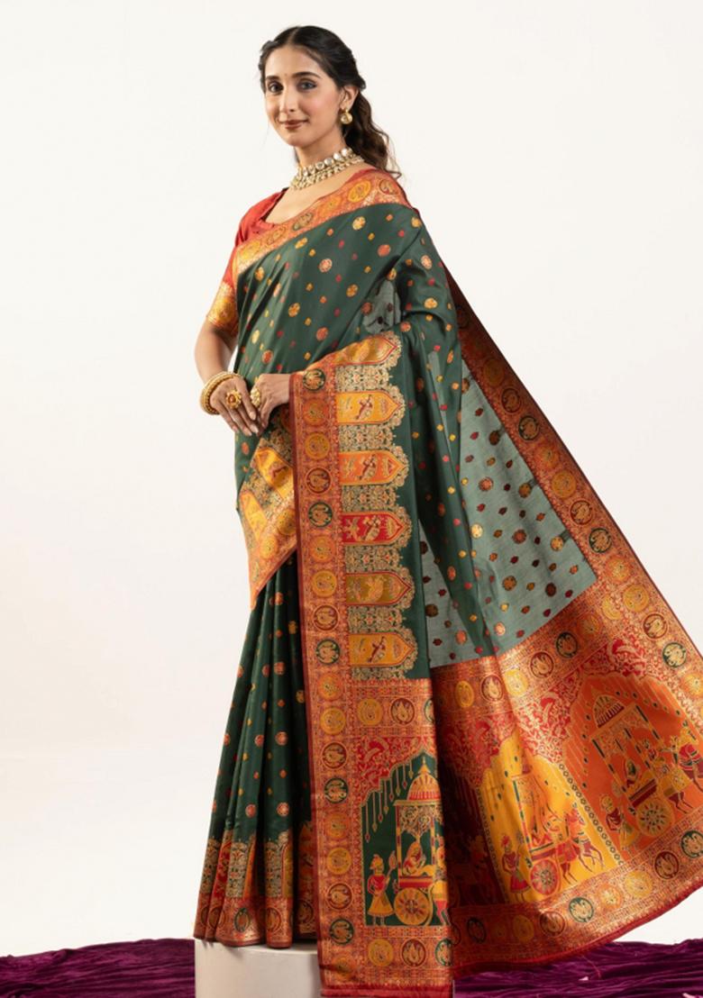 Green Maroon Weaving Work Silk Saree Set - Indya
