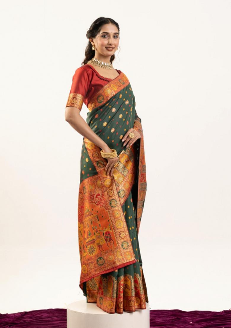 Green Maroon Weaving Work Silk Saree Set - Indya