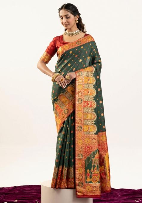 Green Maroon Weaving Work Silk Saree Set
