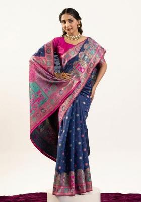 Navy Blue And Rani Pink Weaving Work Silk Saree Set