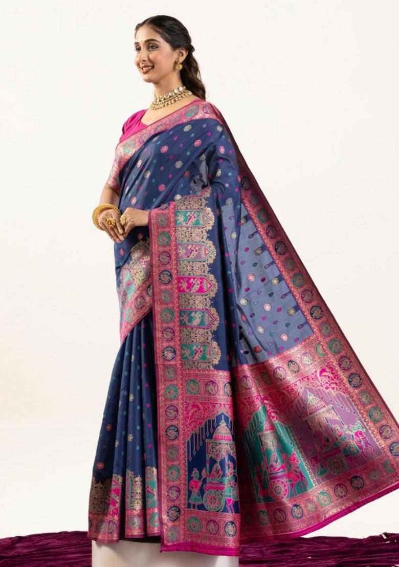 Navy Blue And Rani Pink Weaving Work Silk Saree Set - Indya