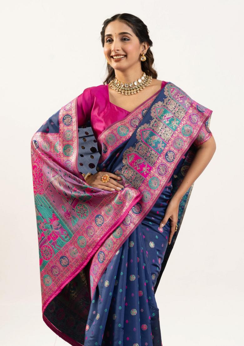 Navy Blue And Rani Pink Weaving Work Silk Saree Set - Indya