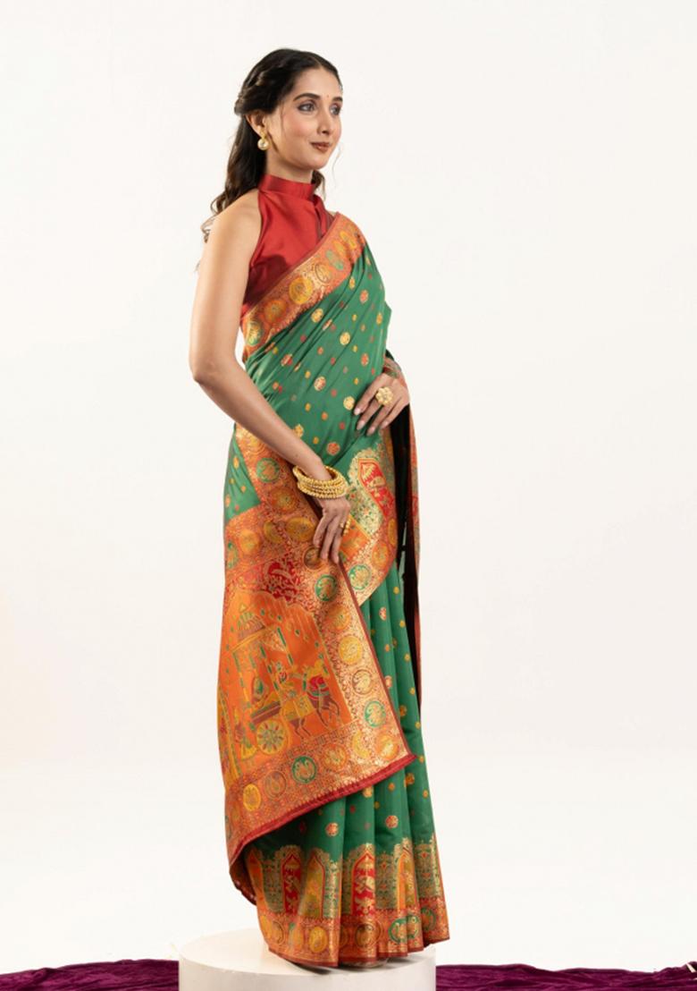 Rama Green Maroon Weaving Work Silk Saree Set - Indya