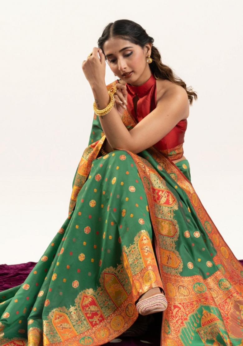 Rama Green Maroon Weaving Work Silk Saree Set - Indya