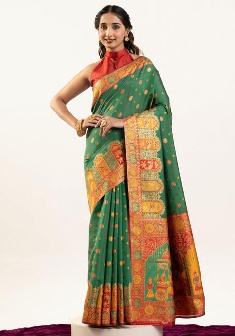 Rama Green Maroon Weaving Work Silk Saree Set