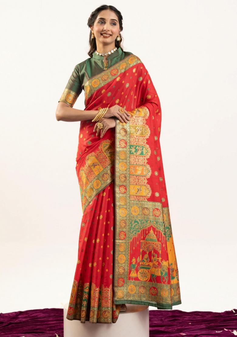 Red And Green Weaving Work Silk Saree Set - Indya