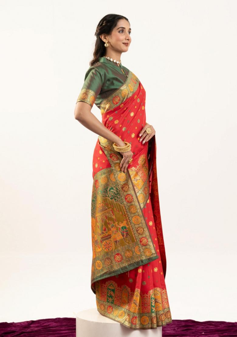 Red And Green Weaving Work Silk Saree Set - Indya