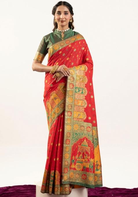 Red And Green Weaving Work Silk Saree Set