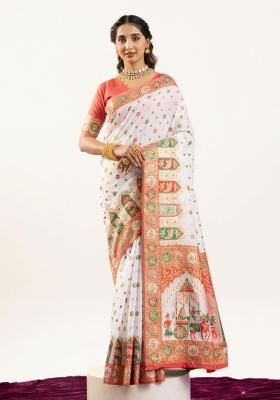 White And Pink Weaving Work Silk Saree Set
