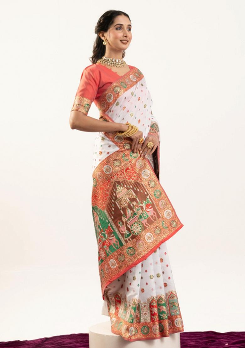 White And Pink Weaving Work Silk Saree Set - Indya