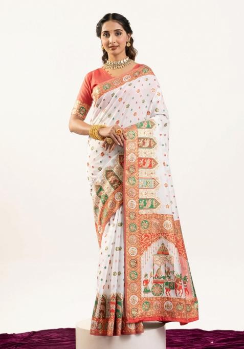 White And Pink Weaving Work Silk Saree Set