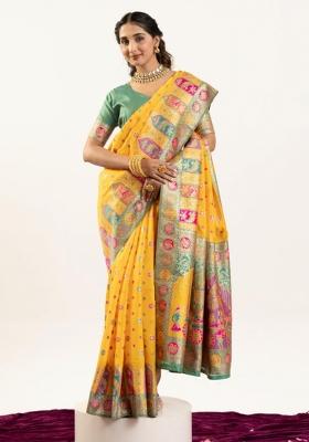 Yellow And Blue Weaving Work Silk Saree Set