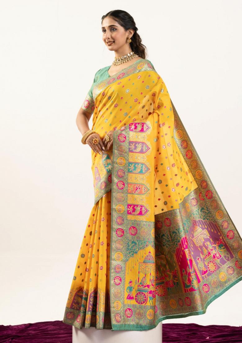 Yellow And Blue Weaving Work Silk Saree Set - Indya