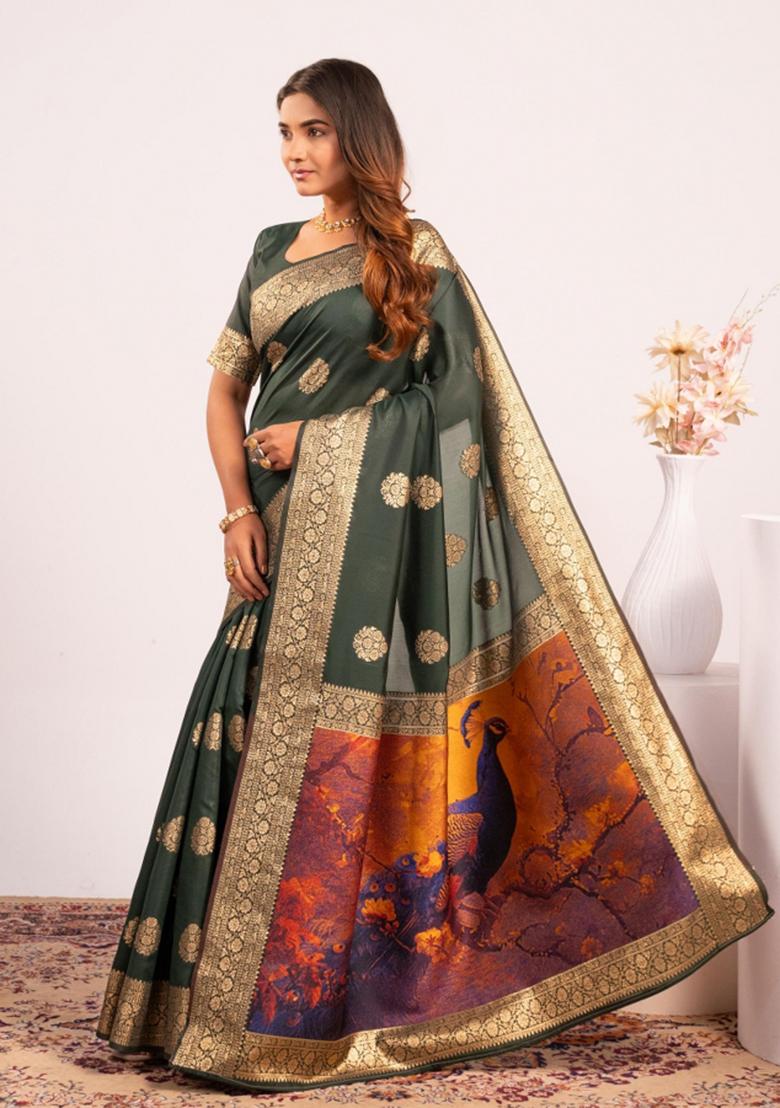 Bottle Green Weaving Work Cotton Saree Set - Indya