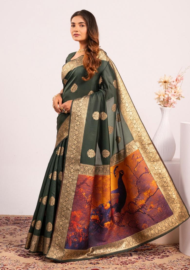 Bottle Green Weaving Work Cotton Saree Set - Indya