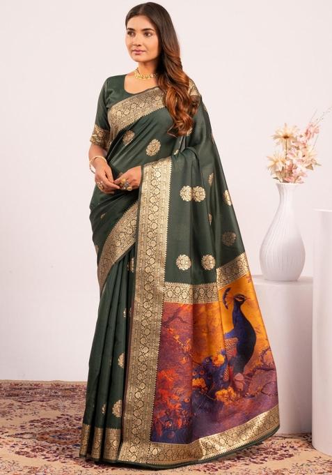 Bottle Green Weaving Work Cotton Saree Set
