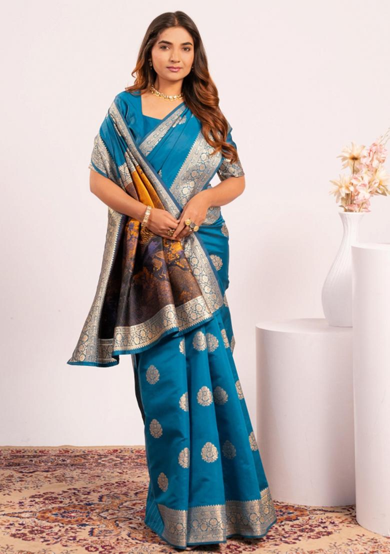 Firozi Weaving Work Cotton Saree Set - Indya