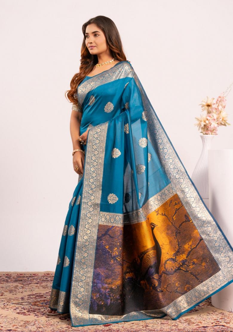 Firozi Weaving Work Cotton Saree Set - Indya